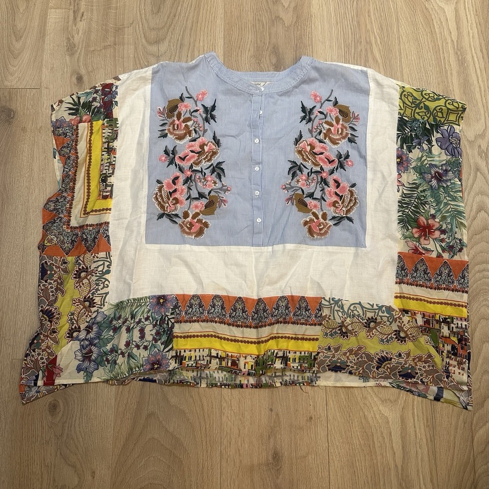 John Mark Multi-Color Embroidered Patchwork Floral Top Poncho Sz M Linen Boho